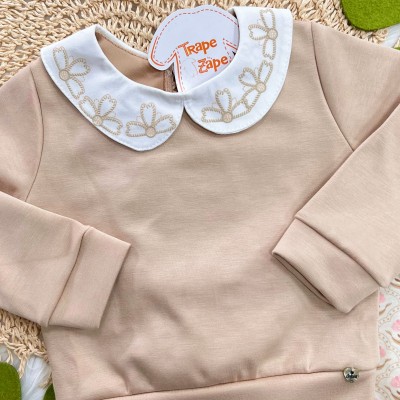 Conj. Casaco com Gola de Flores e Calça Legging - Areia